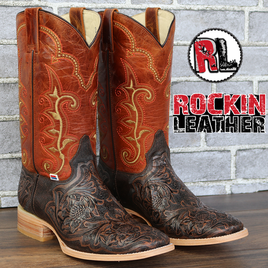1190 - RockinLeather Men's Stamped Cowhide Leather Boot