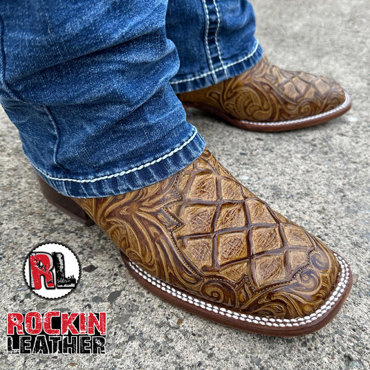 1229 - RockinLeather Men's Capuccino Stamped Cowhide Leather Boot