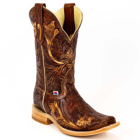 2110 - RockinLeather Women's Hand Tooled Square Toe Western Boot
