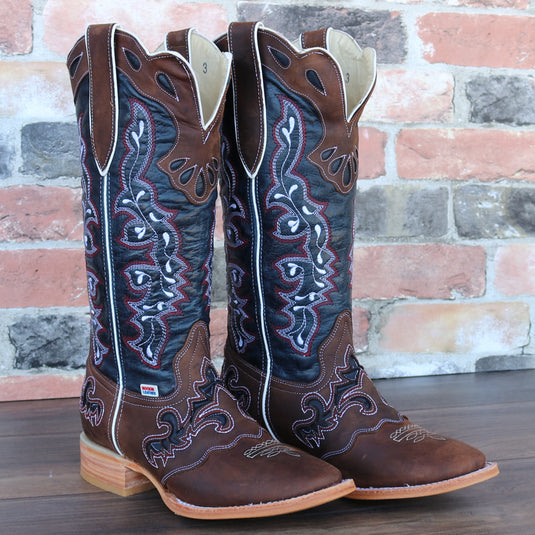 2127 - RockinLeather Women's Tall Distressed Brown Boot With Wide Square Toe