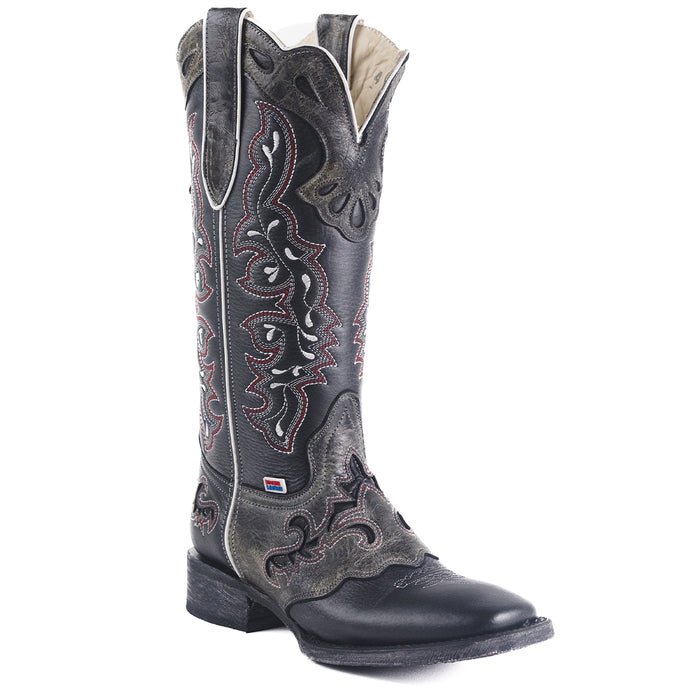 2159 - RockinLeather Women's Black Barcelona Leather with Crater Grey Overlay Western Boots