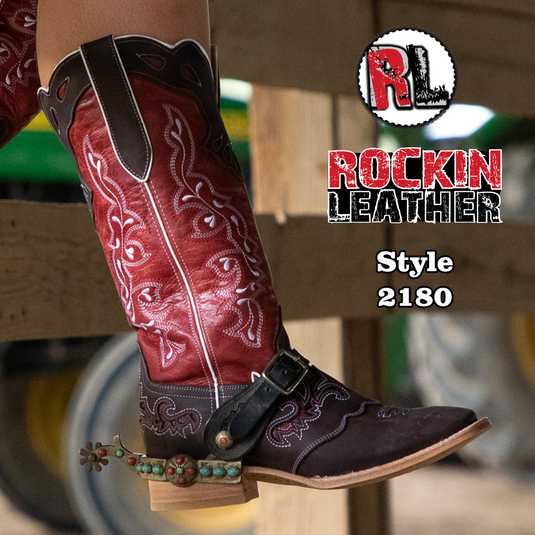 2180 - RockinLeather Women's Tall Distressed Brown/Red Boot With Wide Square Toe