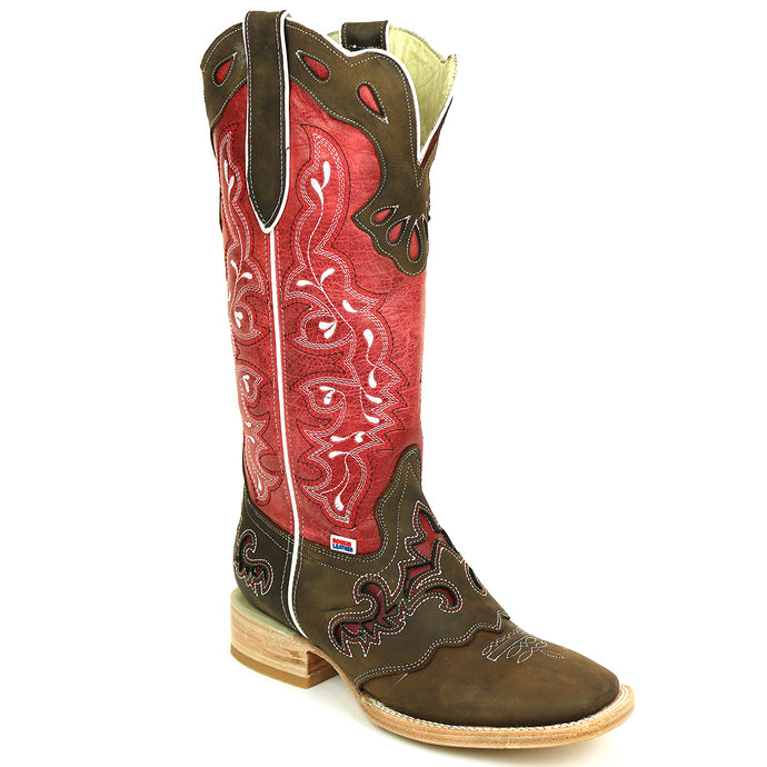 2180 - RockinLeather Women's Tall Distressed Brown/Red Boot With Wide Square Toe