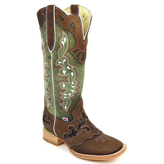 2181 - RockinLeather Women's Tall Distressed Brown/Olive Green Boot With Wide Square Toe