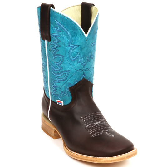 2187 - RockinLeather Women's Square Toe Aqua/Ranch Cowhide Western Boot