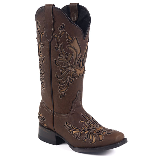 2811 - RockinLeather Women's Gaucho Brown Square Toe Western Boot w/ Tan Inlays