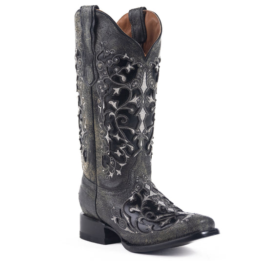 2816 - RockinLeather Women's Black Crater Square Toe Western Boot