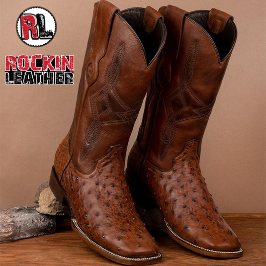 8006 - RockinLeather Men's Cognac Full Quill Ostrich Square Toe Western Boot