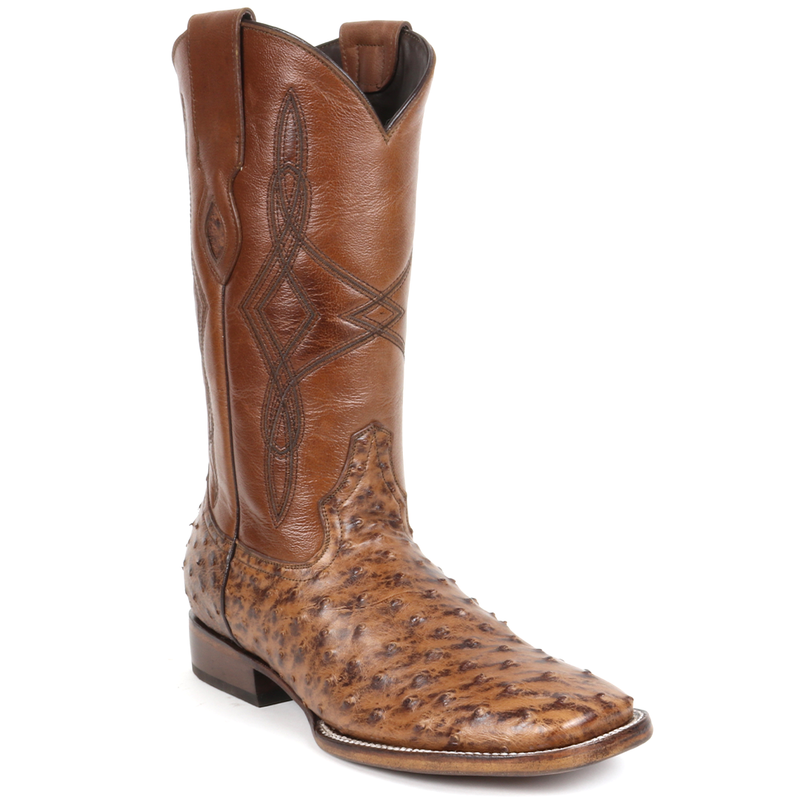 Load image into Gallery viewer, 8006 - RockinLeather Men&#39;s Cognac Full Quill Ostrich Square Toe Western Boot
