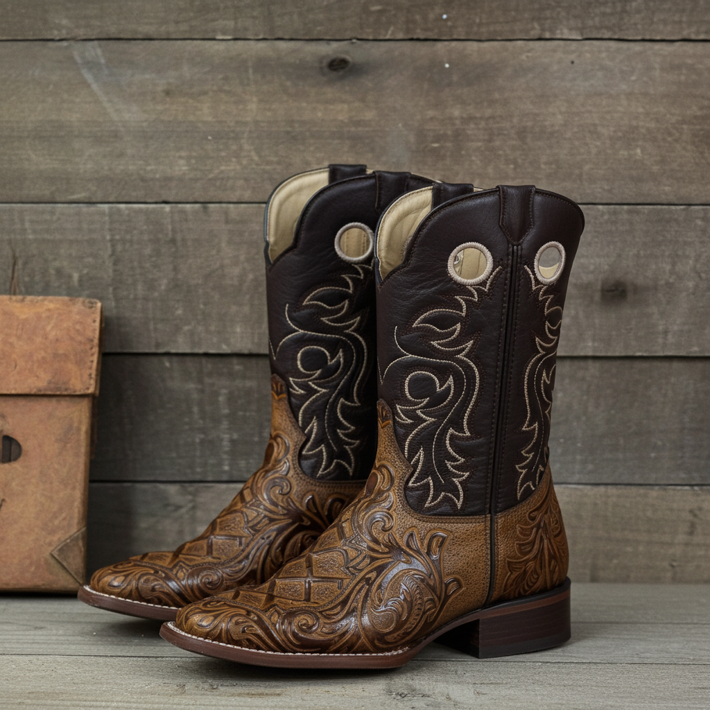 1229 - RockinLeather Men's Capuccino Stamped Cowhide Leather Boot