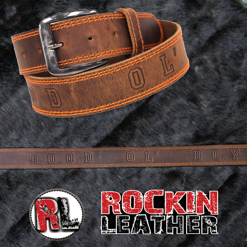 Load image into Gallery viewer, B1020 - RockinLeather Distressed Cowhide Leather Belt with &quot;Good Ol&#39; Boy&quot; Stamped Into Belt
