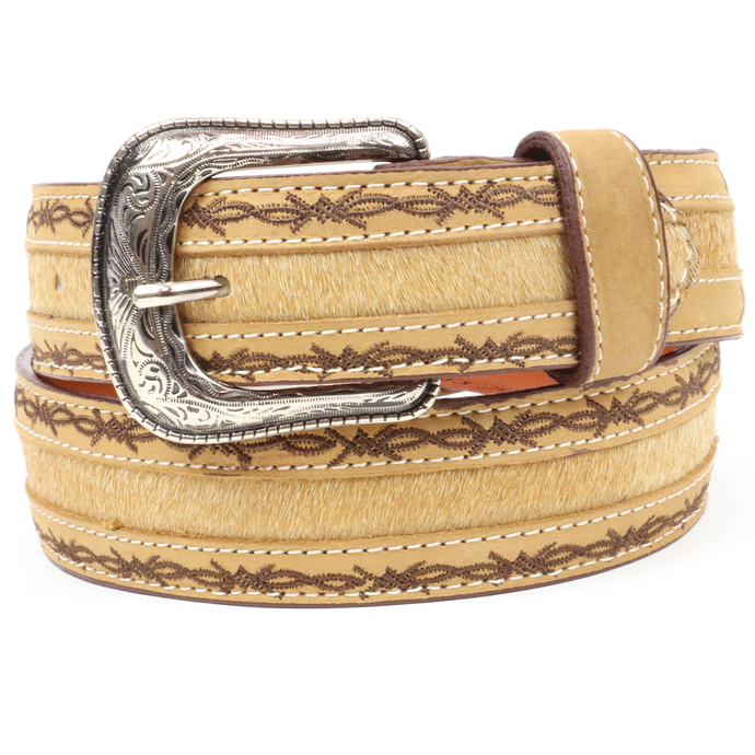 B1028 - RockinLeather Cowhair Leather Belt W/Barbed Wire