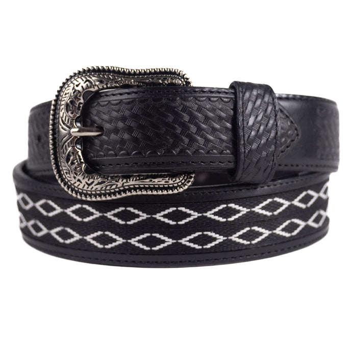 B1044 - RockinLeather Black Cowhide Diamond Print Inlay Leather Belt