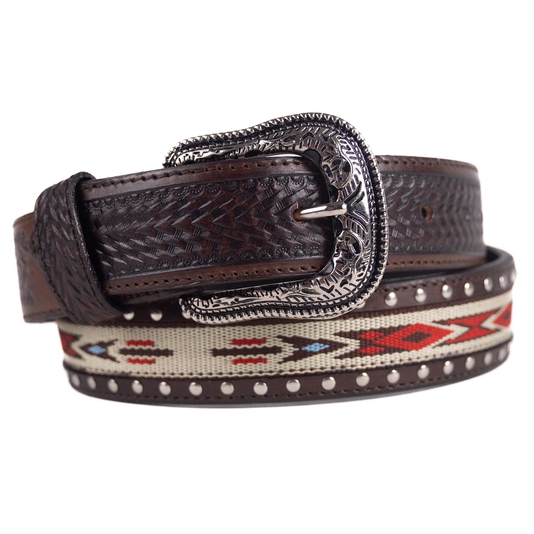 Nocona Belt Mens Beaded Aztec Design Inlay Leather Belt