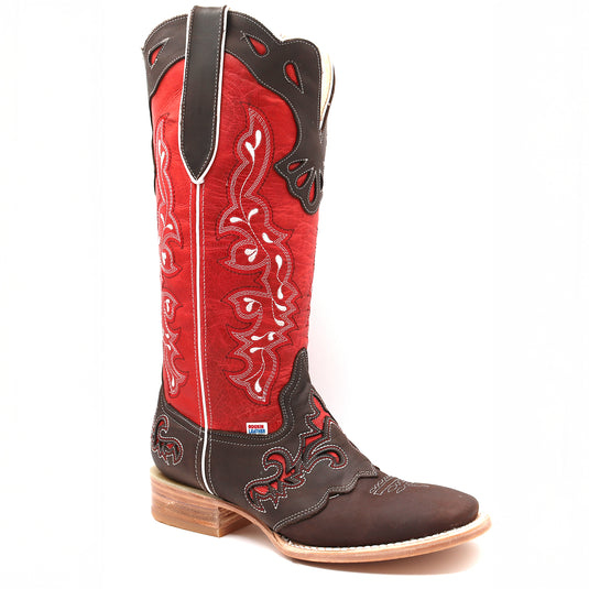 2180 - RockinLeather Women's Tall Distressed Brown/Red Boot With Wide Square Toe