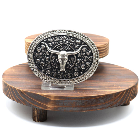 RLB509 - RockinLeather Silver W/Black Underlay Steer Head Belt Buckle