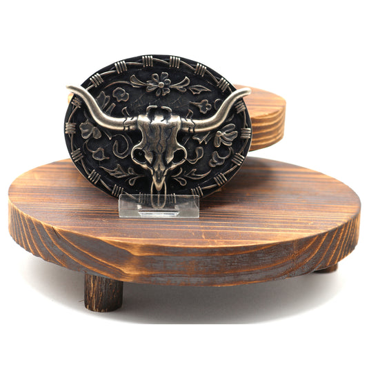 RLB508 - RockinLeather Nickle W/Black Underlay Steer Head Belt Buckle