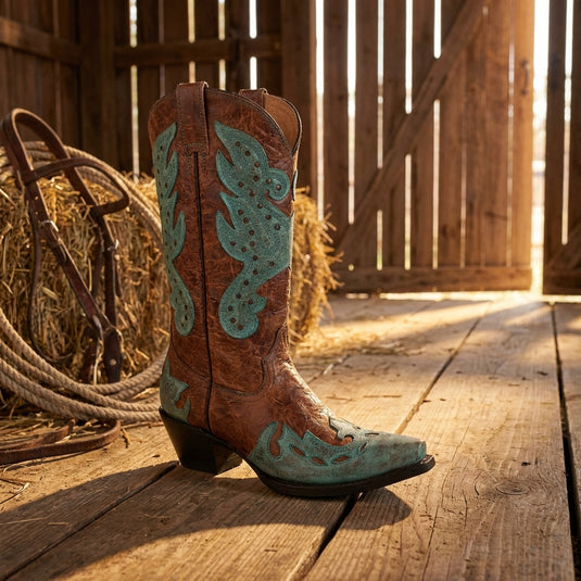 2601 - RockinLeather Women's Tan Western Boot W/ Turquoise Overlay