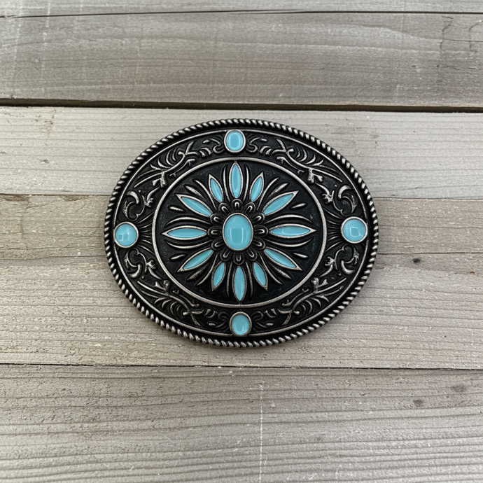 RLB505 - RockinLeather Nickle Turquoise Burst Belt Buckle