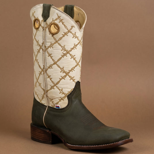 1239 - RockinLeather Men's Crazy Horse Olive Cowhide W/Barbed Wire Upper