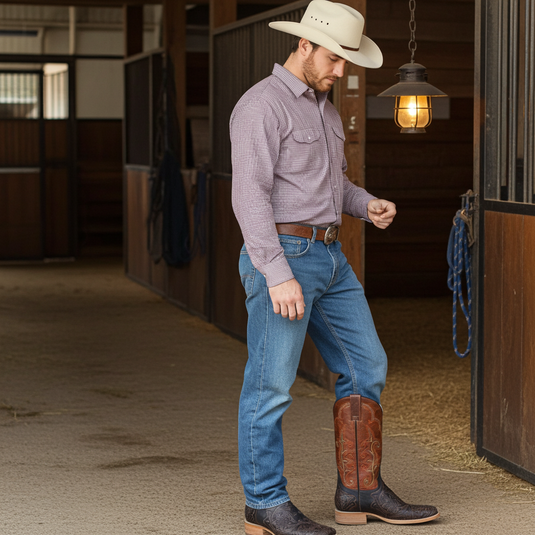 1190 - RockinLeather Men's Stamped Cowhide Leather Boot