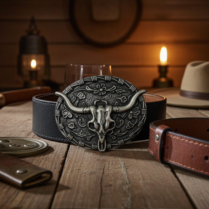 RLB508 - RockinLeather Nickle W/Black Underlay Steer Head Belt Buckle