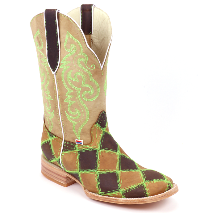 1208 - RockinLeather Men's Patchwork w/Green Stitching Western Boot