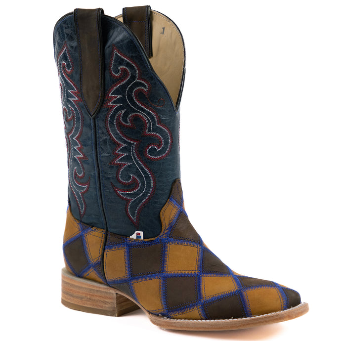 1224 - RockinLeather Men's Patchwork w/Electric Blue Stitching Western Boot