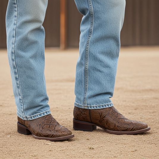 1229 - RockinLeather Men's Capuccino Stamped Cowhide Leather Boot