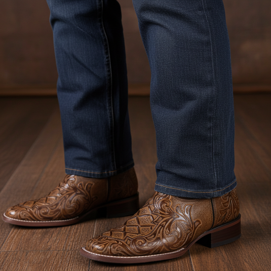 1229 - RockinLeather Men's Capuccino Stamped Cowhide Leather Boot