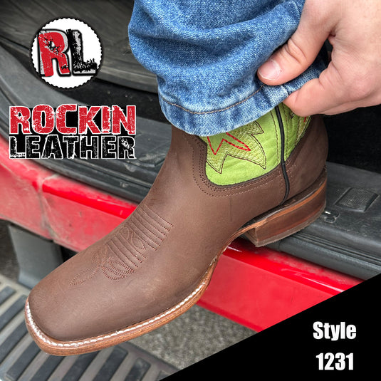 1231 - RockinLeather Men's Brown Crazy Horse Western Boot w/Green Upper