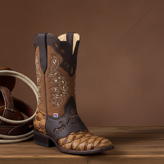 1244 - RockinLeather Men's Pirarucu Print Leather Boot W/Overlay