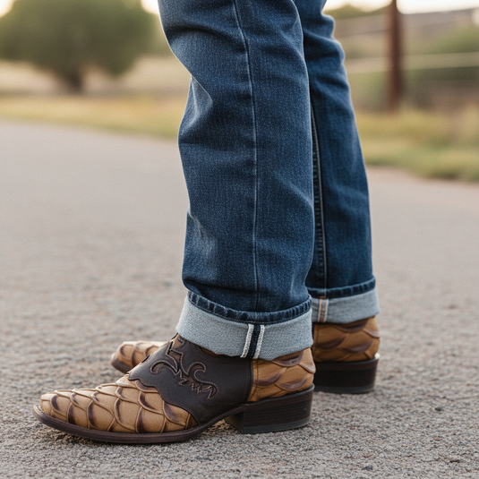 1244 - RockinLeather Men's Pirarucu Print Leather Boot W/Overlay