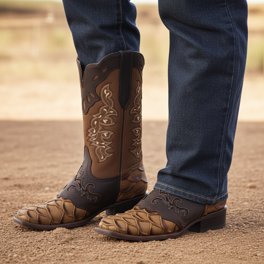 1244 - RockinLeather Men's Pirarucu Print Leather Boot W/Overlay