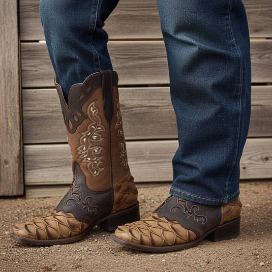 1244 - RockinLeather Men's Pirarucu Print Leather Boot W/Overlay