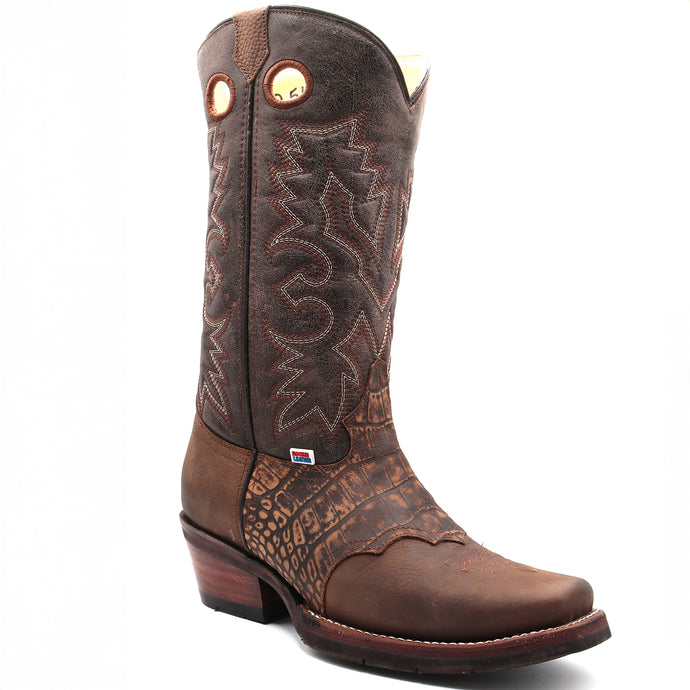 1254 - RockinLeather Men's Distressed Brown Narrow Square Toe Western Boot With Overlay