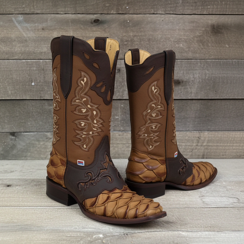 Load image into Gallery viewer, 1244 - RockinLeather Men&#39;s Pirarucu Print Leather Boot W/Overlay
