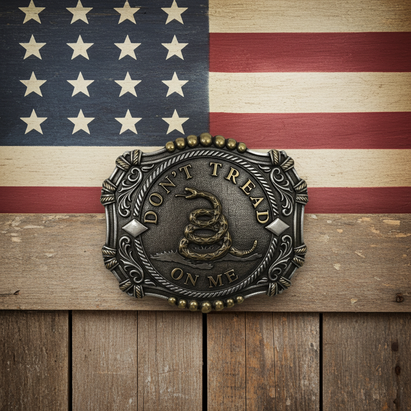 Load image into Gallery viewer, RLB012 - RockinLeather Antique Silver/Gold Don&#39;t Tread On Me Belt Buckle
