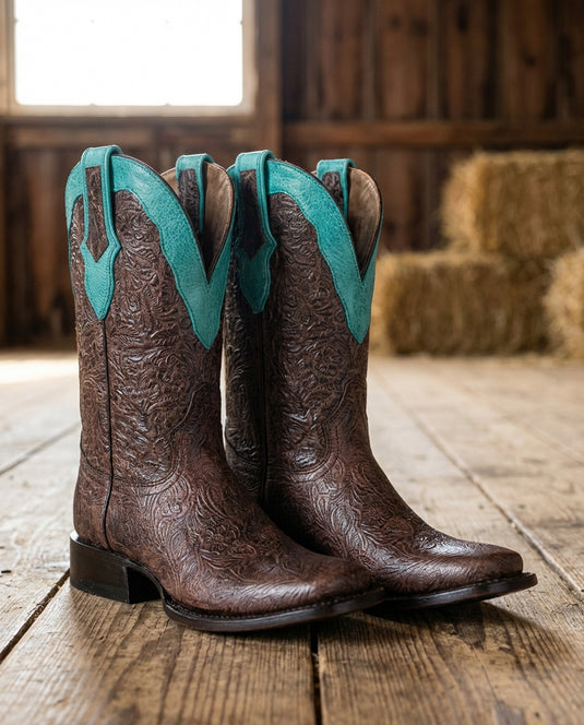 2621 - RockinLeather Women's Tobacco Crater Flower Stamp Western Boot