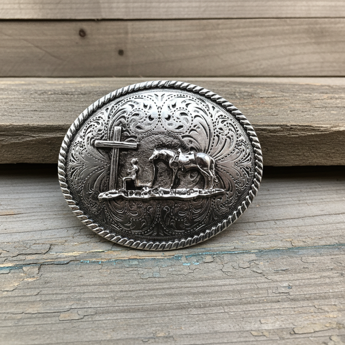 RLB502 - RockinLeather Silver Cowboy Prayer Oval Buckle