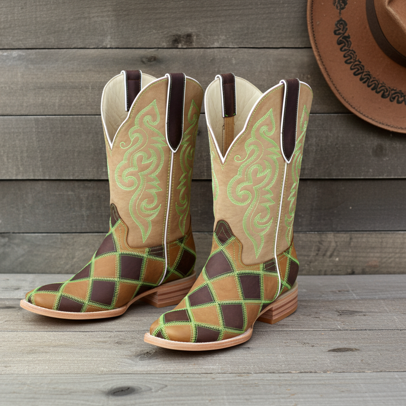 Load image into Gallery viewer, 1208 - RockinLeather Men&#39;s Patchwork w/Green Stitching Western Boot

