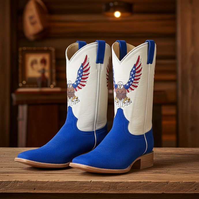 1242 - RockinLeather Men's Blue Suede Leather Boot W/Eagle Embroidery