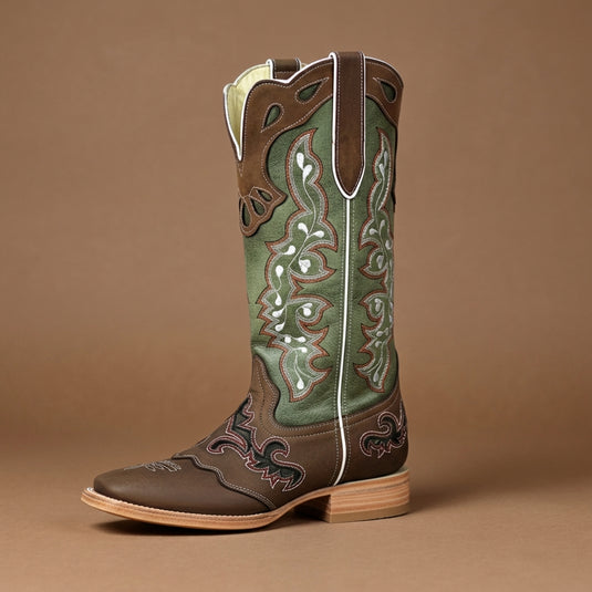 2181 - RockinLeather Women's Tall Distressed Brown/Olive Green Boot With Wide Square Toe