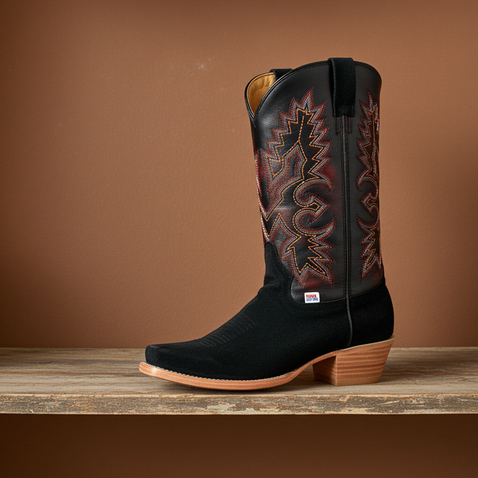 1260 - RockinLeather Men's Black Roughout Narrow Square Toe Western Boot