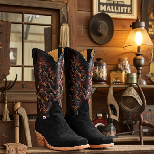 1260 - RockinLeather Men's Black Roughout Narrow Square Toe Western Boot