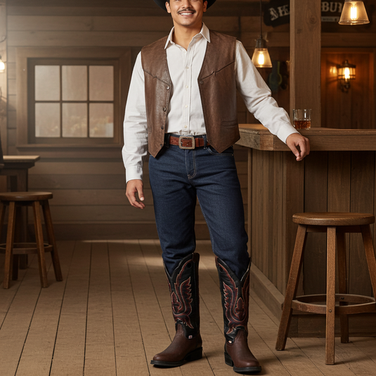 1256 - RockinLeather Men's R Toe Buckaroo Distressed Brown Western Boot