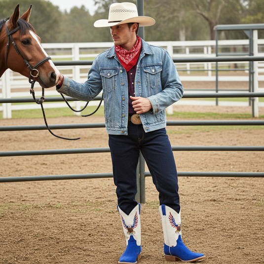 1242 - RockinLeather Men's Blue Suede Leather Boot W/Eagle Embroidery