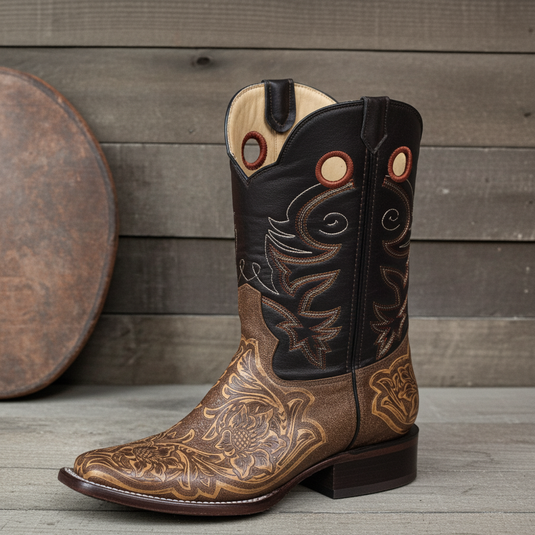 1238 - RockinLeather Men's Antique Brown Stamped Cowhide Leather Boot