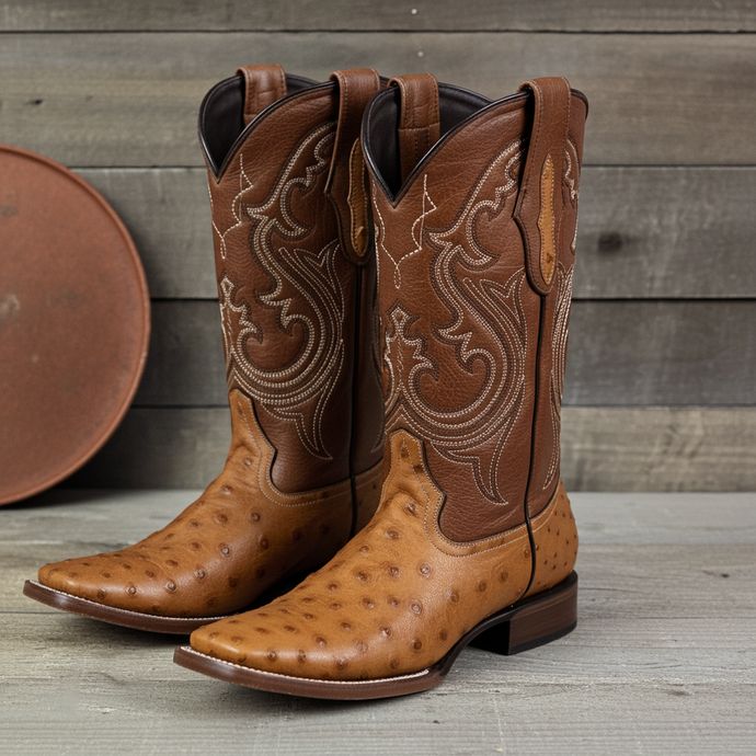 8026 - RockinLeather Men's Honey Full Quill Ostrich Square Toe Western Boot