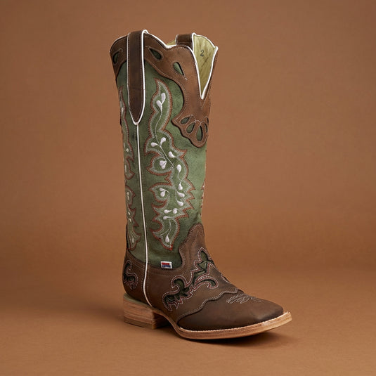 2181 - RockinLeather Women's Tall Distressed Brown/Olive Green Boot With Wide Square Toe